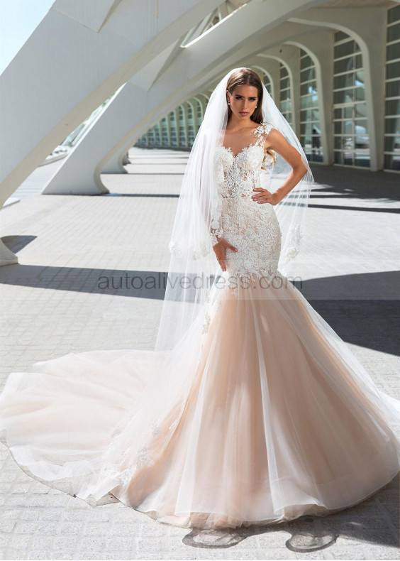 Beaded Ivory Lace Tulle Wedding Dress With Champagne Lining